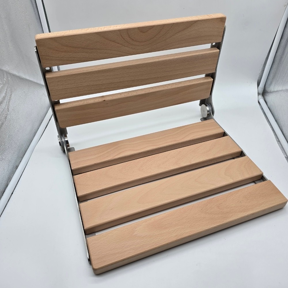 Jamini Folding Shower Seat 16in Beech Wood Wall Mount 330lb Heavy Duty - Picture 2 of 7